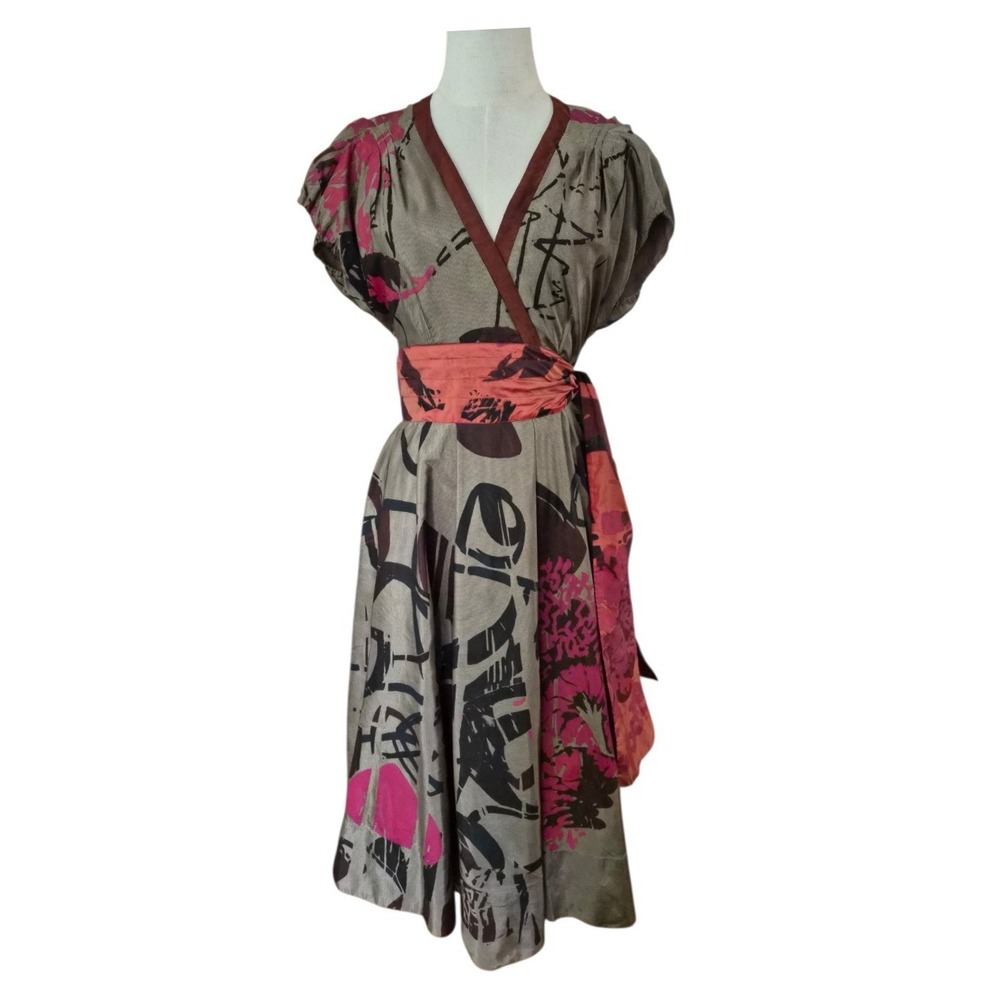 Adolfo Dominguez Dress 38 Abstract Floral Wrap Midi Sash Belt Artsy Boho